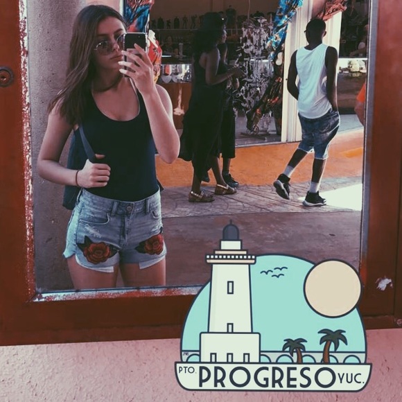 American Eagle Red Rose Embroidered Jean Shorts - Picture 2 of 6